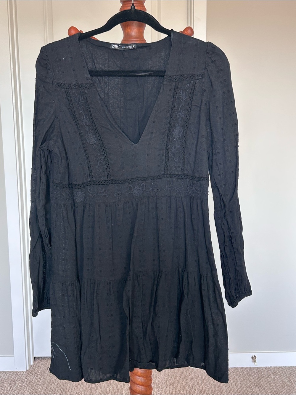Zara Black V-Neck Lace-Trim Tiered Dress